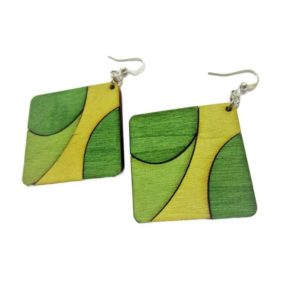 Green, yellow and khaki square wooden earring hobo earring - stainless steel